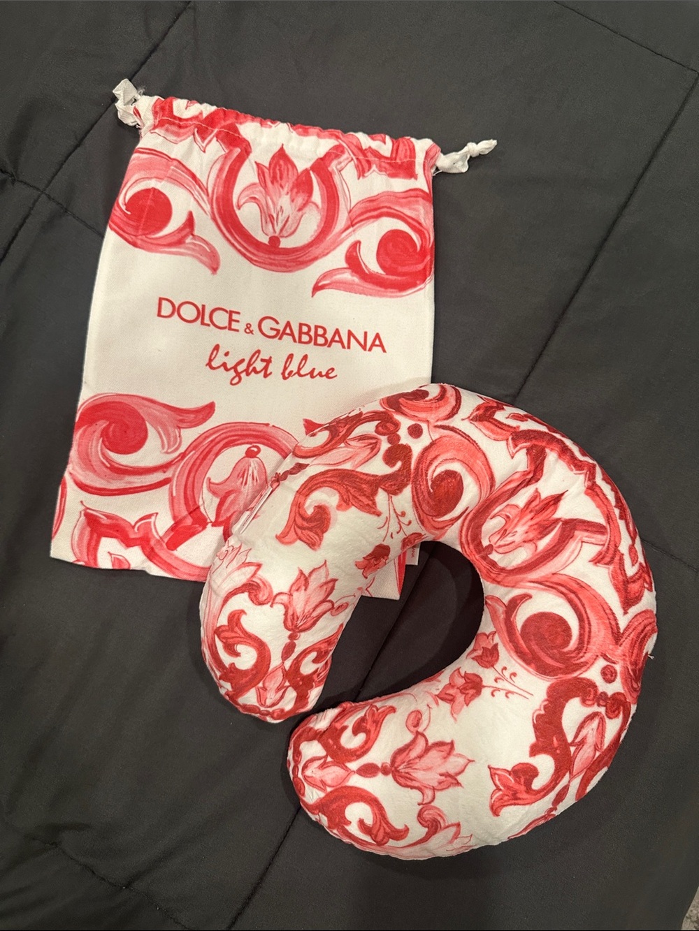 Dolce & Gabbana Pink and White Travel Neck Pillow with Drawstring Bag